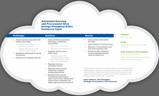 Automated Sourcing
and Procurement Drive
Savings throughout Entire
Commerce Cycle
Company
CVS Caremark
Profile
Largest prescription drug provider
in the U.S.
Ariba Commerce Cloud Features
Ariba sourcing solutions
Ariba contract management solutions
Ariba procurement solutions
Challenges
•	 Control spending associated with 		
	 building new stores
	 -	 Required more-efficient 			
		 purchasing processes
	 -	 Lengthy seven-day to 10-day 		
		 cycle for supplier receipt
•	 Negotiating agreements for goods 	
	 and services
•	 Creating and managing contracts
Results
•	 Users receive orders within
	 four days
•	 Improvements in billing accuracy
•	 Reduction in reconciliation cycle 		
	 time and processing costs
•	 Enterprise-wide compliance
	 ensures negotiated savings
	 reach the bottom line
Solutions
•	 Deployed Ariba procurement 		
	 technology to streamline 			
	 procurement
	 -	 New store construction
	 -	 Non-resale goods and services
•	 Suppliers receive orders
	 within hours
	 -	 Productivity gains from 			
		 using the kitting capability
		 to bundle multiple catalog 		
		 items into one line item
•	 Paperless invoicing
	 eliminates re-work
•	 Deployed Ariba sourcing 			
	 technology to capture
	 savings opportunities
•	 Deployed Ariba contract 			
	 management technology to
	 foster cross-function collaboration 	
	 (sales, finance, marketing, real 	 	
	 estate, legal, procurement and IT)
“At CVS Caremark, we continue to look for ways to improve our sourcing and procurement
capabilities and drive savings. Ariba’s on-demand solutions will help us accomplish this by
providing technology, capabilities and best-practice processes that we can use to create
a standard, automated process for sourcing from bid to contract, manage content and
workflow and ensure compliance with our agreements.”
	Anna Umberto, Vice President,
Strategic Procurement, CVS Caremark
 