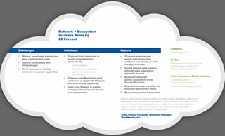 Network + Ecosystem
Increase Sales by
20 Percent
Company
MarkMaster, Inc.
Profile
Manufacturer of marking and
identification products for
Fortune 500 companies
Ariba Commerce Cloud Features
Ariba Network for
business collaboration
Ariba online catalog solutions
Challenges
•	 Manual, paper-based transactions 	
	 were inefficient and costly
•	 Gaining market share with
	 limited budget
•	 No IT resources to develop 		
	 electronic transaction capabilities
Results
•	 20 percent year-over-year
	 growth without incurring 			
	 additional cost of sales or order 		
	 management costs
•	 Gained national sales exposure 		
	 although sales organization 		
	 regionally focused
•	 65 percent new client
	 growth directly from Ariba
	 Supplier Programs
•	 50 percent increase in product line 	
	 expansion with current clients
•	 95 percent paperless transactions
Solutions
•	 Deployed Ariba technology to 		
	 enable prospects to buy 			
	 electronically
	 -	 Online catalogs
	 -	 Paperless invoicing, status 		
		 updates and automated
		 ship notices
•	 Obtained Ariba Ready silver-level
	 certification to validate MarkMaster’s
	 online commerce capabilities
•	 Used Ariba Network to solidify 		
	 existing relationships and develop 	
	 new opportunities
“Being an online commerce expert has solidified our existing customer relationships, enhanced trust,
and opened up many opportunities for new business. As an Ariba Ready Silver member, we have
been able to expand our marketing opportunities to include events and exposure opportunities,
regularly participate in Ariba LIVE, and last year alone picked up three new high-profile
clients that total $1 million in sales over a 12-month period.”
	Craig Moore, Customer Relations Manager,
MarkMaster, Inc.
 