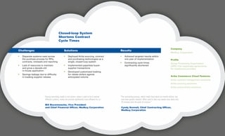 Closed-loop System
Shortens Contract
Cycle Times
Company
Medbuy Corporation
Profile
Group Purchasing Organization
(GPO) that negotiates agreements
for healthcare providers
Ariba Commerce Cloud Features
Ariba contract management solutions
Ariba sourcing solutions
Ariba procurement solutions
Challenges
•	 Disparate systems used across
	 the purchase process for RFIs, 		
	 contracts, renewals and reporting
•	 Lack of resources to maintain 		
	 and grow a decade-old
	 in-house application
•	 Savings leakage due to difficulty 	 	
	 in tracking supplier rebates
Results
•	 Achieved targeted results within 		
	 one year of implementation
•	 Contracting cycle times 			
	 significantly shortened
Solutions
•	 Deployed Ariba sourcing, contract 	
	 and purchasing technologies as a 		
	 single, closed-loop system
•	 Implemented paperless buyer-		
	 supplier transactions
•	 Developed customized tracking 		
	 for rebate dollars against 			
	 anticipated volume
“Having everything reside in one system, when it used to be in several
different systems, makes the process significantly more efficient for us.”
	Bill Bouwmeester, Vice President
and Chief Financial Officer, Medbuy Corporation
“The contracting process, which might have taken six months before, has
now been greatly reduced. What used to take two weeks now takes only
20 minutes with the push of a button.”
	Cyndy Donnell, Chief Contracting Officer,
Medbuy Corporation
 