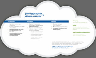 Global Source-to-Settle
Approach Yields Sourcing
Savings of 15 Percent
Company
Air Products and Chemicals, Inc.
Profile
Worldwide supplier of industrial
gases, chemicals, and environmental
systems
Ariba Commerce Cloud Features
Ariba sourcing solutions
Ariba procurement solutions
Challenges
•	 Operations in more than
	 30 countries
•	 Sourcing tools lacked state-of-the-		
	 art capabilities
•	 Remote employees can’t easily 		
	 buy what they need at the
	 best prices
•	 Compliance with centralized 		
	 contracts challenged by
	 local relationships
Results
•	 Sourcing savings of
	 15 to 40 percent
•	 Decreased sourcing cycle times
•	 Compliance with national and `		
	 global contracts
Solutions
•	 Deployed Ariba sourcing 			
	 technology to manage supplier 		
	 negotiations globally
•	 Deployed Ariba technology to 		
	 enable employees to purchase 		
	 using online catalogs
	 -	 One-click access to catalogs 		
		 from the corporate website
	 -	 40 unique catalogs covering 		
		 business cards to cranes
	 -	 Catalogs based on centrally 		
		 negotiated contracts
“With Ariba Sourcing, we have achieved savings from 15 to 40 percent. But one of the things
that is most important to us is how the tool allows us to do business on a global scale for global
projects, executed with global offices with global suppliers. With the advantages of speed,
visibility and collaboration, what used to take four weeks now only takes two.”
	Jeff Hoover, Strategic Sourcing Manager,
	Air Products and Chemicals, Inc.
 