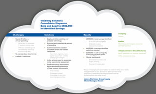 Visibility Solutions
Consolidate Disparate
Data and Lead to £600,000
in Identified Savings
Company
Rexam
Profile
World’s second-largest consumer
packaging group
Ariba Commerce Cloud Features
Ariba visibility and analysis solutions
Ariba analysis services
Challenges
•	 Nearly £3 billion in
	 annual spending
	 -	 More than 20 disparate
		 IT systems world-wide
	 -	 Difficulty correlating and 		
		 consolidating reporting
		 and sourcing data
•	 No standardized data format
•	 Limited IT resources
Results
•	 £600,000 in total savings identified:
	 -	 £100,000 office supplies
	 -	 £100,000 mobile 			
		 telecommunications
•	 £400,000 in savings identified
	 within six months
•	 £200,000 in cash savings by 		
	 managing payment terms
•	 Global dashboards
	 -	 Eliminated business unit 		
		 finger pointing
	 -	 Source of trusted data
Solutions
•	 Deployed Ariba visibility and 		
	 analysis technology
•	 Enriched and classified 96 percent 	
	 of spending
•	 Custom taxonomy created
	 to classify direct and indirect 		
	 categories
	 -	 Aluminum, logistics, resin, 		
		 capital equipment, utilities, 		
		 packaging and freight
•	 Ariba services used to accelerate 		
	 initial opportunity assessment
•	 SaaS technology deployment 		
	 key to accelerating adoption 		
	 of new product functionality
	 -	 Price indexes
	 -	 Embedded market
		 knowledge to prioritize 			
		 sourcing opportunities
“We are now leveraging Ariba Spend Visibility™
to collaborate better and to identify
more opportunities for 2010. We expect to realize even-more savings
going forward. Renegotiating and extending payment terms has
provided significant cash savings as well.”
	James Mortimer, Group Supply
Chain Manager, Rexam
 