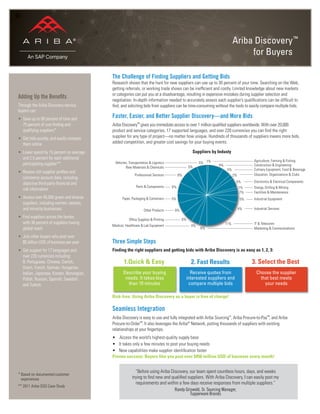 Ariba Discovery
for Buyers
The Challenge of Finding Suppliers and Getting Bids
Research shows that the hunt for new suppliers can use up to 30 percent of your time. Searching on the Web,
getting referrals, or working trade shows can be inefﬁcient and costly. Limited knowledge about new markets
or categories can put you at a disadvantage, resulting in expensive mistakes during supplier selection and
negotiation. In-depth information needed to accurately assess each supplier’s qualiﬁcations can be difﬁcult to
ﬁnd, and soliciting bids from suppliers can be time-consuming without the tools to easily compare multiple bids.
Faster, Easier, and Better Supplier Discovery—and More Bids
Ariba Discovery™
gives you immediate access to over 1 million qualiﬁed suppliers worldwide. With over 20,000
product and service categories, 17 supported languages, and over 220 currencies you can ﬁnd the right
supplier for any type of project—no matter how unique. Hundreds of thousands of suppliers means more bids,
added competition, and greater cost savings for your buying events.
Three Simple Steps
Finding the right suppliers and getting bids with Ariba Discovery is as easy as 1, 2, 3:
Risk-free: Using Ariba Discovery as a buyer is free of charge!
Seamless Integration
Ariba Discovery is easy to use and fully integrated with Ariba Sourcing™
, Ariba Procure-to-Pay™
, and Ariba
Procure-to-Order™
. It also leverages the Ariba®
Network, putting thousands of suppliers with existing
relationships at your ﬁngertips.
• Access the world’s highest-quality supply base
• It takes only a few minutes to post your buying needs
• New capabilities make supplier identiﬁcation faster
Proven success: Buyers like you post over $450 million USD of business every month!
Adding Up the Beneﬁts
Through the Ariba Discovery service,
buyers can:
• Save up to 90 percent of time and
75 percent of cost ﬁnding and
qualifying suppliers*
• Get bids quickly, and easily compare
them online
• Lower spend by 15 percent on average
and 2.5 percent for each additional
participating supplier**
• Review rich supplier proﬁles and
commerce account data, including
objective third-party ﬁnancial and
risk information
• Access over 40,000 green and diverse
suppliers, including women, veteran,
and minority businesses
• Find suppliers across the border,
with 36 percent of suppliers having
global reach
• Join other buyers who post over
$5 billion USD of business per year
• Get support for 17 languages and
over 220 currencies including:
B. Portuguese, Chinese, Danish,
Dutch, French, German, Hungarian,
Italian, Japanese, Korean, Norwegian,
Polish, Russian, Spanish, Swedish,
and Turkish
™
“Before using Ariba Discovery, our team spent countless hours, days, and weeks
trying to ﬁnd new and qualiﬁed suppliers. With Ariba Discovery, I can easily post my
requirements and within a few days receive responses from multiple suppliers.”
Randy Griswold, Sr. Sourcing Manager,
Tupperware Brands
1.Quick & Easy 2. Fast Results 3. Select the Best
Describe your buying
needs. It takes less
than 10 minutes
Receive quotes from
interested suppliers and
compare multiple bids
Choose the supplier
that best meets
your needs
8%
5%
5%
2%
1%
1%
7%
5%
4%
6%
4%
6%
6%
6%
8%
5%
5%
5%
11%
Agriculture, Farming & Fishing
Construction & Engineering
Culinary Equipment, Food & Beverage
Education, Organizations & Clubs
Electronics & Electrical Components
Energy, Drilling & Mining
Facilities & Maintenance
Industrial Equipment
Industrial Services
IT & Telecomm
Marketing & Communications
Vehicles, Transportation & Logistics
Raw Materials & Chemicals
Professional Services
Parts & Components
Paper, Packaging & Containers
Other Products
Ofﬁce Supplies & Printing
Medical, Healthcare & Lab Equipment
Suppliers by Industy
* Based on documented customer
experiences
** 2011 Ariba GSO Case Study
 