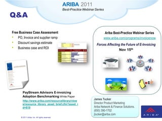 ARIBA 2011
                                                Best-Practice Webinar Series

Q&A

Free Business Case Assessment                                                  Ariba Best-Practice Webinar Series
• PO, Invoice and supplier ramp                                              www.ariba.com/programs/invoicenow
• Discount savings estimate                                            Forces Affecting the Future of E-Invoicing
• Business case and ROI                                                                Nov 15th


                                                                                                          NETWORK®




       PayStream Advisors E-invoicing
       Adoption Benchmarking White Paper
       http://www.ariba.com/resourcelibrary/view
                                                                     James Tucker
       s/resource_library_asset_brief.cfm?asset_i                    Director Product Marketing
       d=819                                                         Ariba Network & Finance Solutions.
                                                                     (650) 390-1702
                                                                     jtucker@ariba.com
      © 2011 Ariba, Inc. All rights reserved.
 