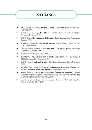 107
KAYNAKÇA
 DOĞAROĞLU Muhsin, Modern Arıcılık Teknikleri, Doğa Arıcılık Tic.,
Tekirdağ, 2004.
 GENÇ Ferat, Arıcılığın Temel Esasları, Atatürk Üniversitesi Ziraat Fakültesi
Yayınları, Erzurum, 1994.
 ÖDER Enver, Bal Arılarının Beslenmesi, Hasad Yayıncılık ve Reklamcılık,
Ġstanbul,1989.
 KAYRAL Nizamettin, Yeni Teknik Arıcılık, Ġnkılap Kitabevi Yayın San. Tic.
A.ġ. , Ġstanbul,1993.
 TUTKUN Ertaç, Teknik Arıcılık El Kitabı, TKV Arıcılık ġubesi Müdürlüğü,
Yayın No: 2, Ankara, 2000.
 Uludağ Arıcılık Dergisi, Mayıs 2005-5
 KORKMAZ Ali, AnlaĢılabilir Arıcılık, Gıda Tarım ve Hayvancılık Ġl
Müdürlüğü Yayınları, Samsun, 2013.
 ÖDER Enver, Uygulamalı Arıcılık, Meta Basım Matbaacılık Hizmetleri. Ġzmir,
2006.
 ÖZKÖK Aslı, SORKUN Kadriye, Apiterapi’de Kullanılan Önemli Arı
Ürünlerinden Bal, Polen Ve Propolis, Teknik arıcılık, 2001.
 Öztürk Ġhsan Ali, Bazı Arı Ürünlerinin Üretimi Ve Tüketimi, Tarımsal
AraĢtırma Yayım ve Eğitim Koordinasyonu 2005 Yılı Hayvancılık Grubu Bilgi
AlıĢveriĢ Toplantısı Bildirileri, Ġzmir, 2005.
 Arıcılık AraĢtırma Dergisi, Arıcılık AraĢtırma Ġstasyonu Müdürlüğü Yayınları,
Olay Ofset, Ordu, 2013 - 2015
KAYNAKÇA
KAYNAKÇ
 