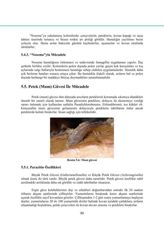 90
“Nosema”ya yakalanmıĢ kolonilerde; çerçevelerin, peteklerin, kovan kapağı ve uçuĢ
tahtası üzerinde turuncu ve beyaz renkte arı pisliği görülür. Hastalığın yayılması besin
yoluyla olur. Hasta arılar bakıcılık gücünü kaybederler, uçamazlar ve kovan etrafında
sürünürler.
5.4.3. “Nosema”yla Mücadele
Nosema hastalığının önlenmesi ve tedavisinde fumagillin uygulaması yapılır. Ġlaç
Ģerbetle birlikte verilir. Kolonilerin polen dıĢında polen yerine geçen kek karıĢımları ve kıĢ
aylarında salgı ballarıyla beslenmesi hastalığa sebep olabilen uygulamalardır. Hastalık daha
çok besleme hataları sonucu ortaya çıkar. Bu hastalıkla iliĢkili olarak, arıların bal ve polen
dıĢında herhangi bir maddeye ihtiyaç duymadıkları unutulmamalıdır.
5.5. Petek (Mum) Güvesi Ġle Mücadele
Petek (mum) güvesi tüm dünyada arıcıların peteklerini korumada sıkıntıya düĢtükleri
önemli bir zararlı olarak tanınır. Mum güvesinin peteklere, dolayısı ile ekonomiye verdiği
zararı önlemek için kullanılan naftalin Paradichlorobenzen, Etilendibromit, toz kükürt vb.
kimyasallar mum güvesinin geliĢmesini dolayısıyla peteklerin tahribatını önler ancak
peteklerde kalıntı bırakırlar. Ġnsan sağlığı için tehlikelidir.
Resim 5.6: Mum güvesi
5.5.1. Parazitin Özellikleri
Büyük Petek Güvesi (Galleriamellonella) ve Küçük Petek Güvesi (Achroiagrisella)
olmak üzere iki türü vardır. Büyük petek güvesi daha zararlıdır. Petek güvesi özellikle sahil
Ģeridindeki arılıklarda daha sık görülür ve ciddi tahribatlar oluĢturur.
Ergin güve kelebeklerinin diĢi ve erkekleri doğumlarından sonraki ilk 24 saatten
itibaren akĢam saatlerinde çiftleĢirler. Yumurtalarını bırakmak üzere akĢam saatlerinde
açarak özellikle zayıf kovanlara girerler. ÇiftleĢmeden 1-2 gün sonra yumurtlamaya baĢlayan
diĢiler, yumurtalarını 20 ile 100 yumurtalık diziler halinde kovan içindeki çatlaklara, arıların
ulaĢamadığı boĢluklara, petek çerçeveleri ile kovan duvarı arasına ve peteklere bırakırlar.
 