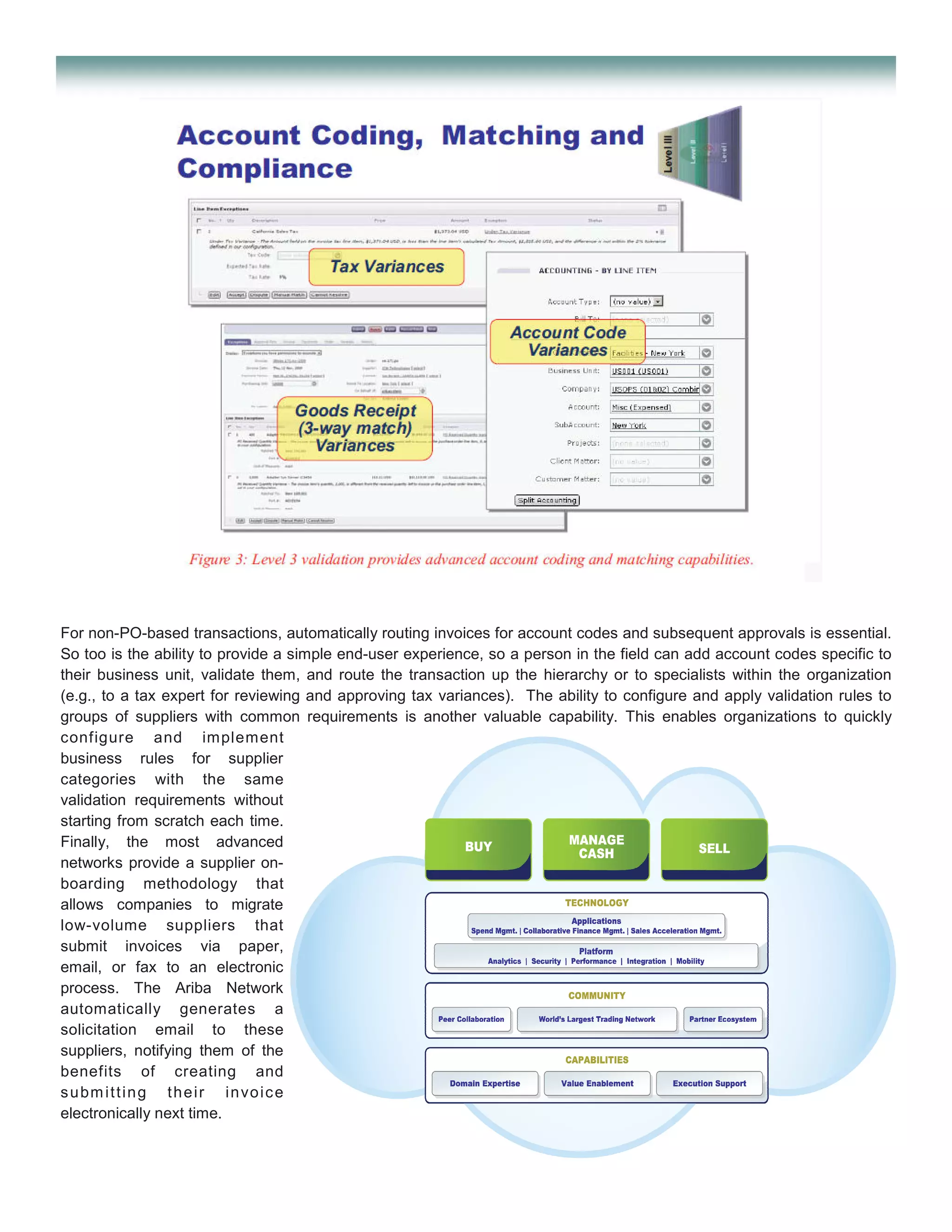 For non-PO-based transactions, automatically routing invoices for account codes and subsequent approvals is essential.
So too is the ability to provide a simple end-user experience, so a person in the field can add account codes specific to
their business unit, validate them, and route the transaction up the hierarchy or to specialists within the organization
(e.g., to a tax expert for reviewing and approving tax variances). The ability to configure and apply validation rules to
groups of suppliers with common requirements is another valuable capability. This enables organizations to quickly
configure and implement
business rules for supplier
categories with the same
validation requirements without
starting from scratch each time.
Finally, the most advanced
networks provide a supplier on-
boarding methodology that
allows companies to migrate
low-volume suppliers that
submit invoices via paper,
email, or fax to an electronic
process. The Ariba Network
automatically generates a
solicitation email to these
suppliers, notifying them of the
benefits of creating and
s u bm i t t i n g t h e i r i n vo i c e
electronically next time.
 