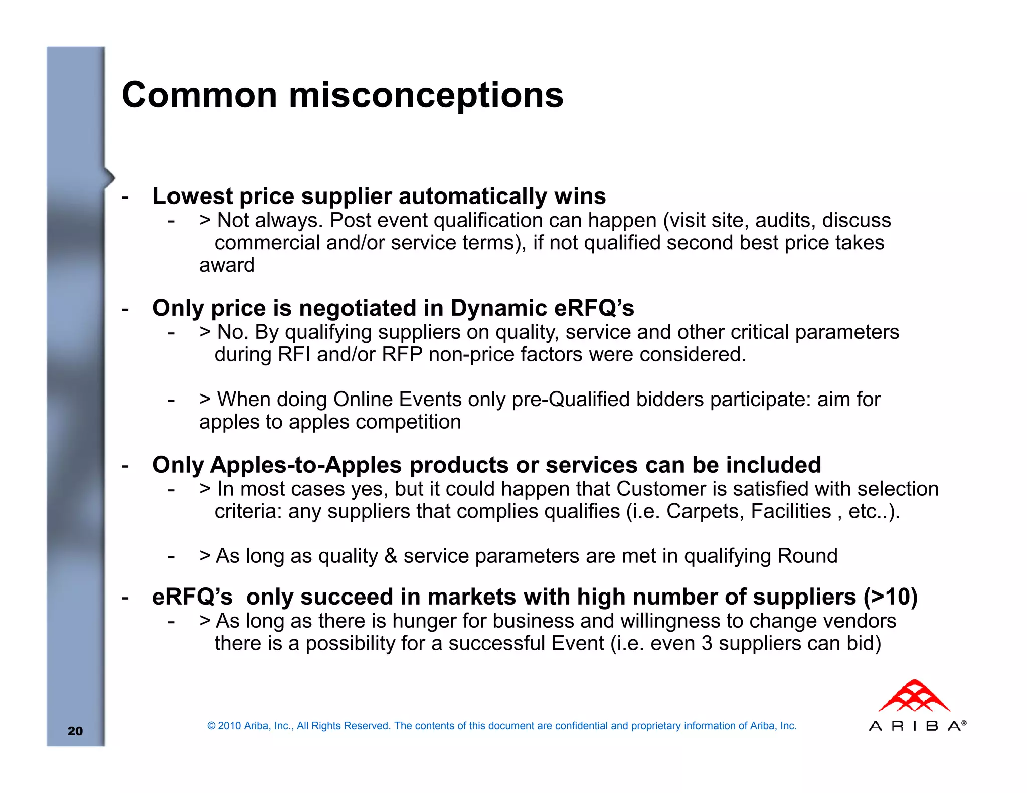 Common misconceptions

     -   Lowest price supplier automatically wins
          -   > Not always. Post event qualification can happen (visit site, audits, discuss
                commercial and/or service terms), if not qualified second best price takes
              award

     -   Only price is negotiated in Dynamic eRFQ’s
          -   > No. By qualifying suppliers on quality, service and other critical parameters
                during RFI and/or RFP non-price factors were considered.

          -   > When doing Online Events only pre-Qualified bidders participate: aim for
              apples to apples competition

     -   Only Apples-to-Apples products or services can be included
          -   > In most cases yes, but it could happen that Customer is satisfied with selection
                criteria: any suppliers that complies qualifies (i.e. Carpets, Facilities , etc..).

          -   > As long as quality & service parameters are met in qualifying Round

     -   eRFQ’s only succeed in markets with high number of suppliers (>10)
          -   > As long as there is hunger for business and willingness to change vendors
                there is a possibility for a successful Event (i.e. even 3 suppliers can bid)


              © 2010 Ariba, Inc., All Rights Reserved. The contents of this document are confidential and proprietary information of Ariba, Inc.
20
 