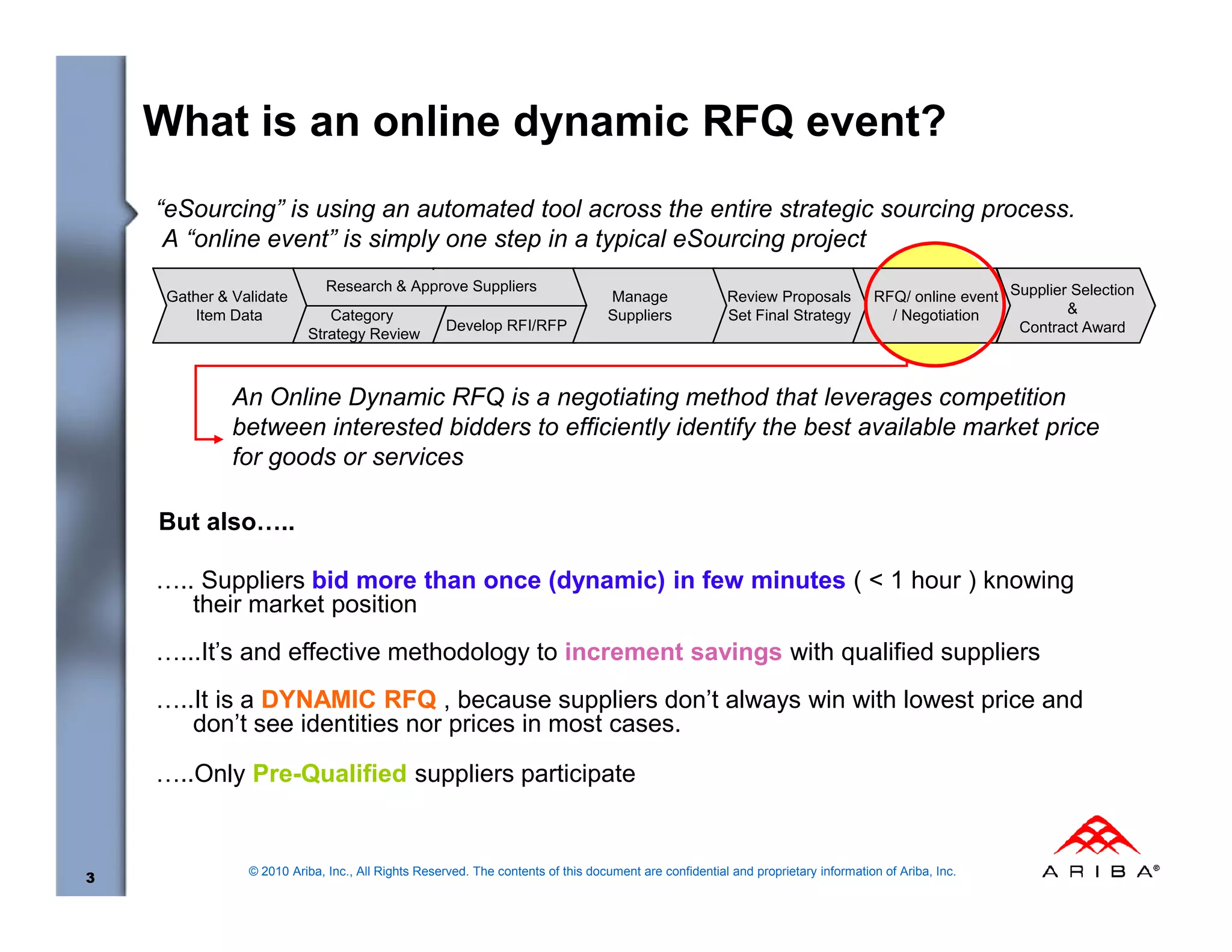What is an online dynamic RFQ event?
    “eSourcing” is using an automated tool across the entire strategic sourcing process.
     A “online event” is simply one step in a typical eSourcing project
                              Research & Approve Suppliers
     Gather & Validate                                                           Manage                Review Proposals           RFQ/ online event Supplier Selection
         Item Data           Category                                            Suppliers             Set Final Strategy           / Negotiation           &
                                                    Develop RFI/RFP                                                                                  Contract Award
                          Strategy Review



              An Online Dynamic RFQ is a negotiating method that leverages competition
              between interested bidders to efficiently identify the best available market price
              for goods or services

    But also…..

    ….. Suppliers bid more than once (dynamic) in few minutes ( < 1 hour ) knowing
       their market position
    …...It’s and effective methodology to increment savings with qualified suppliers
    …..It is a DYNAMIC RFQ , because suppliers don’t always win with lowest price and
       don’t see identities nor prices in most cases.

    …..Only Pre-Qualified suppliers participate


                © 2010 Ariba, Inc., All Rights Reserved. The contents of this document are confidential and proprietary information of Ariba, Inc.
3
 