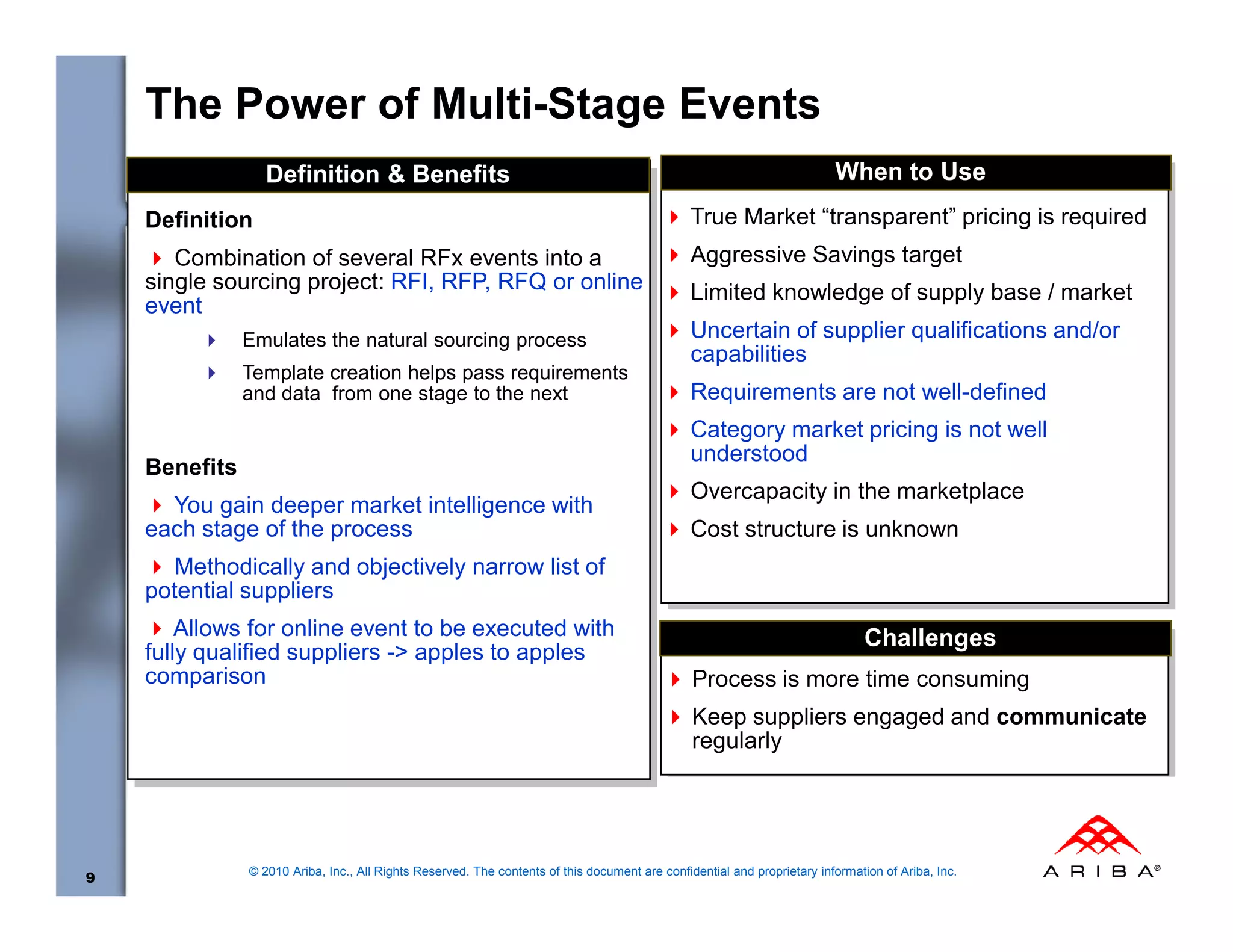 The Power of Multi-Stage Events
                  Definition & Benefits                                                                                   When to Use
    Definition                                                                                  True Market “transparent” pricing is required
       Combination of several RFx events into a                                                 Aggressive Savings target
    single sourcing project: RFI, RFP, RFQ or online                                            Limited knowledge of supply base / market
    event
               Emulates the natural sourcing process                                            Uncertain of supplier qualifications and/or
                                                                                                capabilities
               Template creation helps pass requirements
               and data from one stage to the next                                              Requirements are not well-defined
                                                                                                Category market pricing is not well
                                                                                                understood
    Benefits
                                                                                                Overcapacity in the marketplace
      You gain deeper market intelligence with
    each stage of the process                                                                   Cost structure is unknown
       Methodically and objectively narrow list of
    potential suppliers
        Allows for online event to be executed with                                                                            Challenges
    fully qualified suppliers -> apples to apples
    comparison                                                                                  Process is more time consuming
                                                                                                Keep suppliers engaged and communicate
                                                                                                regularly




               © 2010 Ariba, Inc., All Rights Reserved. The contents of this document are confidential and proprietary information of Ariba, Inc.
9
 