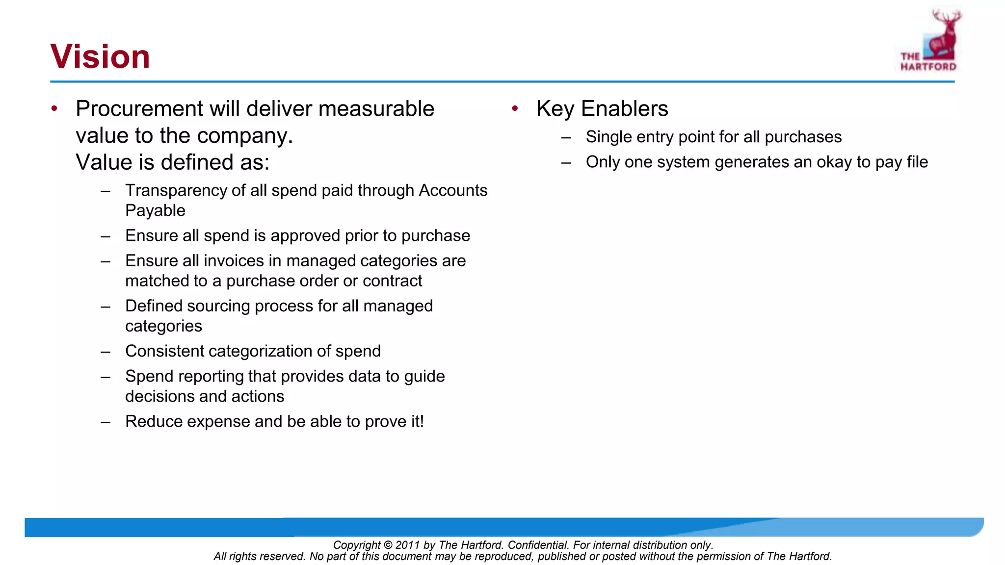 VisionProcurement will deliver measurable value to the company. Value is defined as:Transparency of all spend paid through Accounts PayableEnsure all spend is approved prior to purchaseEnsure all invoices in managed categories are matched to a purchase order or contractDefined sourcing process for all managed categoriesConsistent categorization of spendSpend reporting that provides data to guide decisions and actionsReduce expense and be able to prove it!Key EnablersSingle entry point for all purchasesOnly one system generates an okay to pay file
