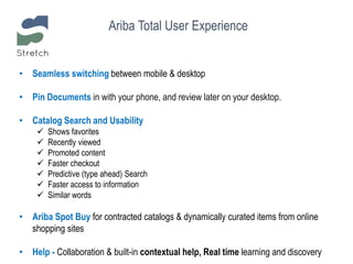 • Seamless switching between mobile & desktop
• Pin Documents in with your phone, and review later on your desktop.
• Catalog Search and Usability
 Shows favorites
 Recently viewed
 Promoted content
 Faster checkout
 Predictive (type ahead) Search
 Faster access to information
 Similar words
• Ariba Spot Buy for contracted catalogs & dynamically curated items from online
shopping sites
• Help - Collaboration & built-in contextual help, Real time learning and discovery
Ariba Total User Experience
 