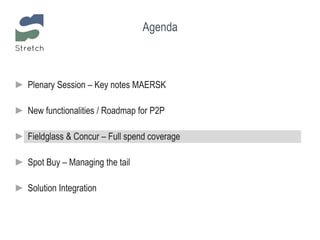 Agenda
► Plenary Session – Key notes MAERSK
► New functionalities / Roadmap for P2P
► Fieldglass & Concur – Full spend coverage
► Spot Buy – Managing the tail
► Solution Integration
 