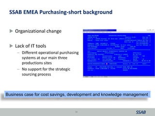 SSAB EMEA Purchasing-short background
 Organizational change
 Lack of IT tools
– Different operational purchasing
systems at our main three
productions sites
– No support for the strategic
sourcing process
11
Business case for cost savings, development and knowledge management
 