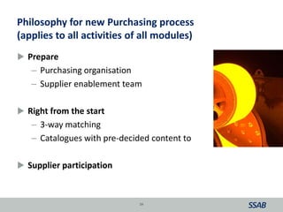Philosophy for new Purchasing process
(applies to all activities of all modules)
 Prepare
– Purchasing organisation
– Supplier enablement team
 Right from the start
– 3-way matching
– Catalogues with pre-decided content to
 Supplier participation
34
 