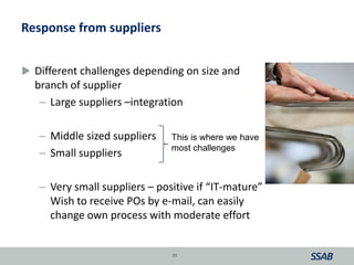 Response from suppliers
 Different challenges depending on size and
branch of supplier
– Large suppliers –integration
– Middle sized suppliers
– Small suppliers
– Very small suppliers – positive if “IT-mature”
Wish to receive POs by e-mail, can easily
change own process with moderate effort
39
This is where we have
most challenges
 
