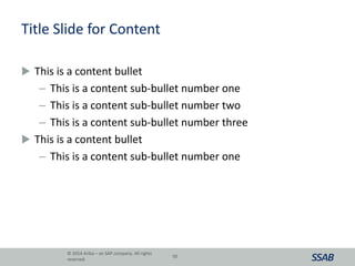 Title Slide for Content
 This is a content bullet
– This is a content sub-bullet number one
– This is a content sub-bullet number two
– This is a content sub-bullet number three
 This is a content bullet
– This is a content sub-bullet number one
© 2014 Ariba – an SAP company. All rights
reserved.
50
 