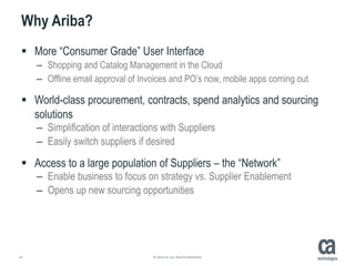 24 © 2014 CA. ALL RIGHTS RESERVED.
Why Ariba?
 More “Consumer Grade” User Interface
– Shopping and Catalog Management in the Cloud
– Offline email approval of Invoices and PO’s now, mobile apps coming out
 World-class procurement, contracts, spend analytics and sourcing
solutions
– Simplification of interactions with Suppliers
– Easily switch suppliers if desired
 Access to a large population of Suppliers – the “Network”
– Enable business to focus on strategy vs. Supplier Enablement
– Opens up new sourcing opportunities
 