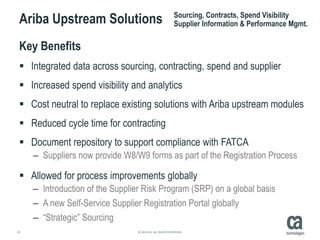 29 © 2014 CA. ALL RIGHTS RESERVED.
Ariba Upstream Solutions
Key Benefits
 Integrated data across sourcing, contracting, spend and supplier
 Increased spend visibility and analytics
 Cost neutral to replace existing solutions with Ariba upstream modules
 Reduced cycle time for contracting
 Document repository to support compliance with FATCA
– Suppliers now provide W8/W9 forms as part of the Registration Process
 Allowed for process improvements globally
– Introduction of the Supplier Risk Program (SRP) on a global basis
– A new Self-Service Supplier Registration Portal globally
– “Strategic” Sourcing
Sourcing, Contracts, Spend Visibility
Supplier Information & Performance Mgmt.
 