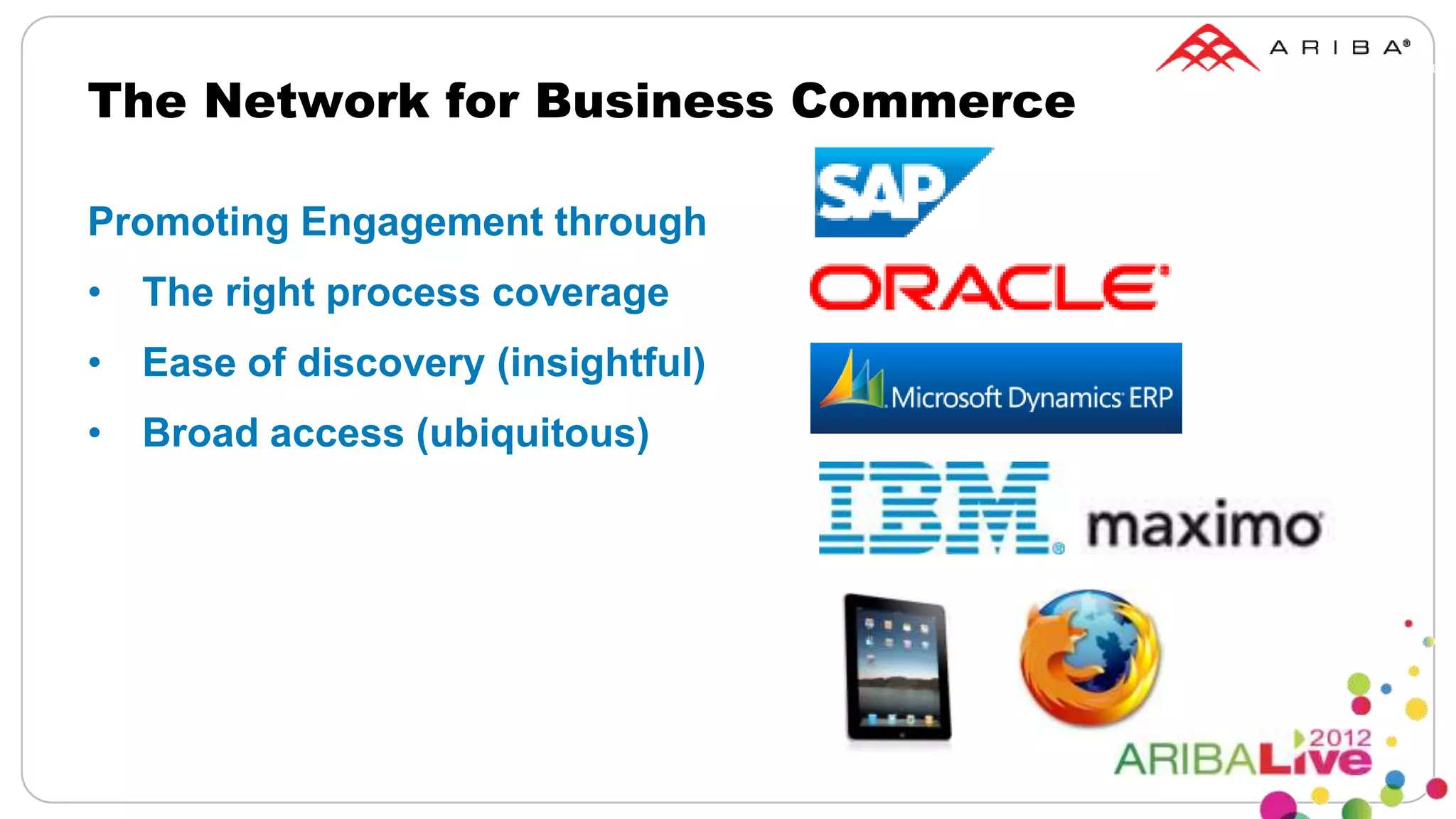 The Network for Business Commerce

Promoting Engagement through
• The right process coverage
• Ease of discovery (insightful)
• Broad access (ubiquitous)
 