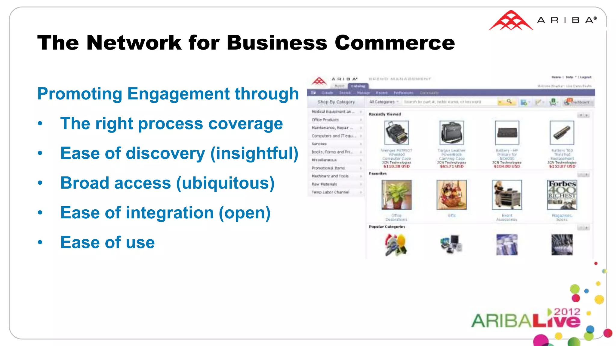 The Network for Business Commerce

Promoting Engagement through
• The right process coverage
• Ease of discovery (insightful)
• Broad access (ubiquitous)
• Ease of integration (open)
• Ease of use
 