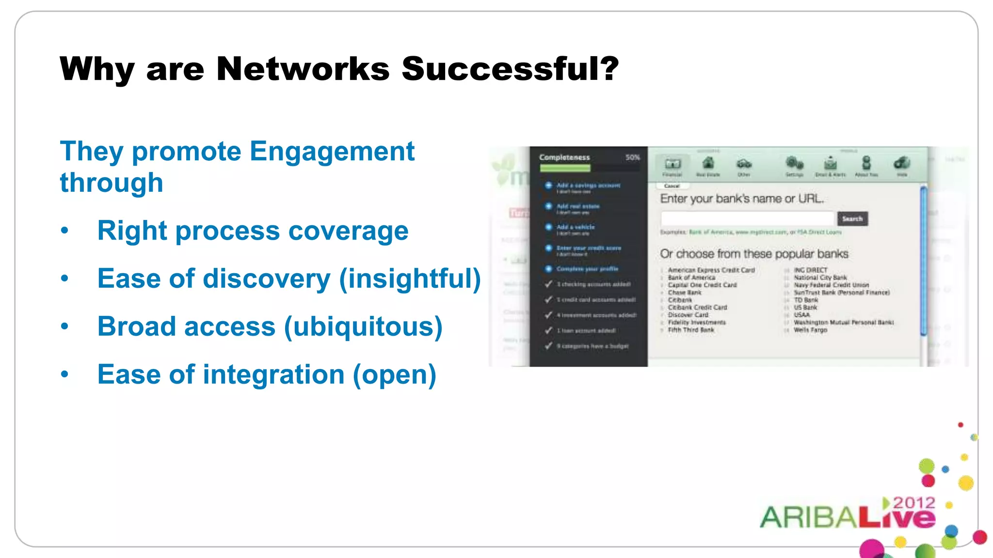 Why are Networks Successful?

They promote Engagement
through
• Right process coverage
• Ease of discovery (insightful)
• Broad access (ubiquitous)
• Ease of integration (open)
 