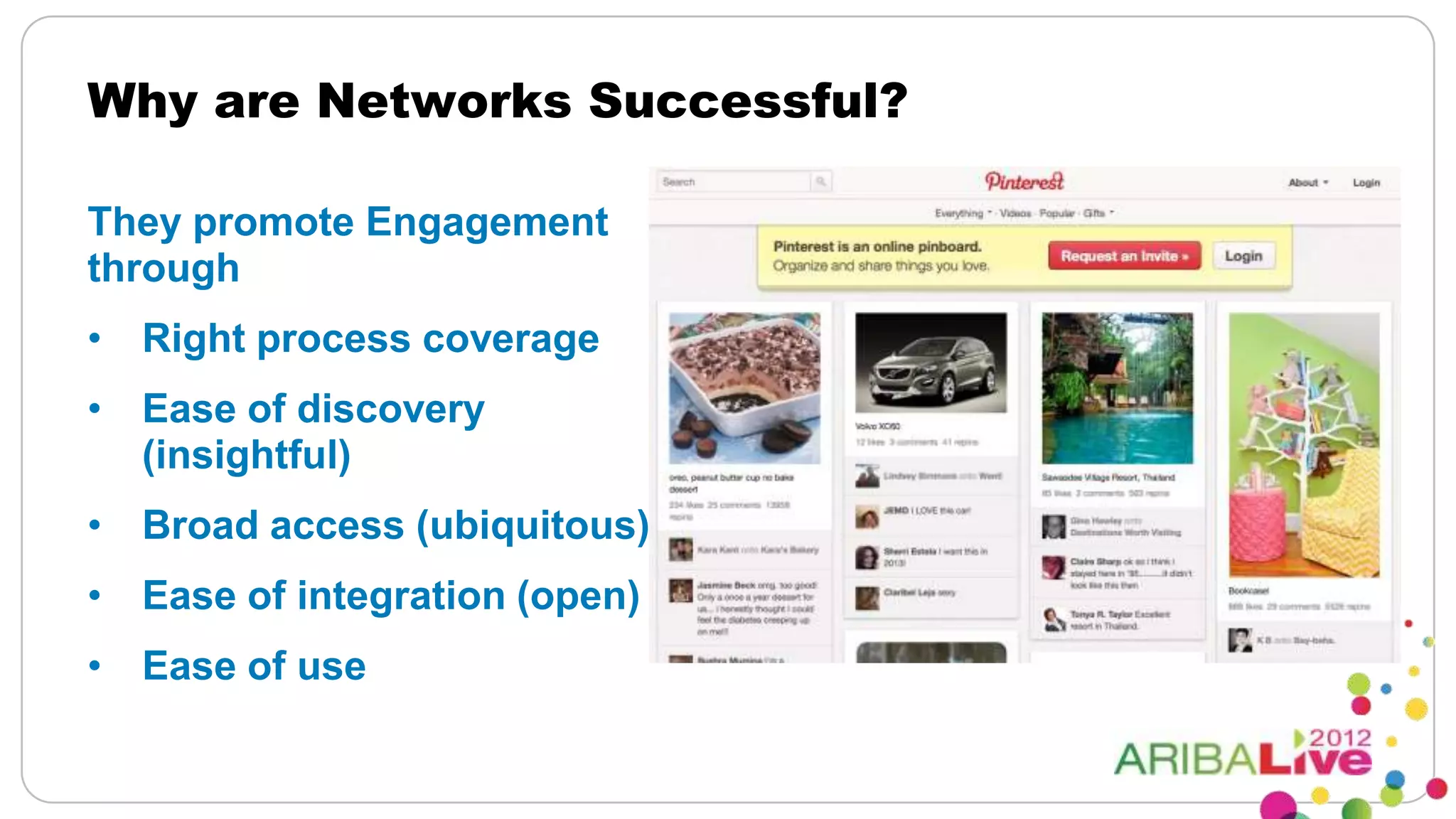 Why are Networks Successful?

They promote Engagement
through
• Right process coverage
• Ease of discovery
  (insightful)
• Broad access (ubiquitous)
• Ease of integration (open)
• Ease of use
 