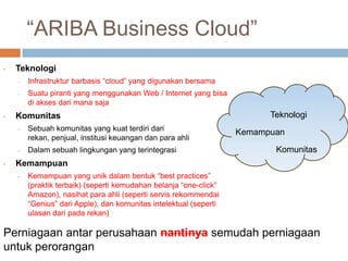 “ARIBA Business Cloud”
•   Teknologi
    –   Infrastruktur barbasis “cloud” yang digunakan bersama
    –   Suatu piranti yang menggunakan Web / Internet yang bisa
        di akses dari mana saja
•   Komunitas                                                            Teknologi
    –   Sebuah komunitas yang kuat terdiri dari
                                                                   Kemampuan
        rekan, penjual, institusi keuangan dan para ahli
    –   Dalam sebuah lingkungan yang terintegrasi                         Komunitas
•   Kemampuan
    –   Kemampuan yang unik dalam bentuk “best practices”
        (praktik terbaik) (seperti kemudahan belanja “one-click”
        Amazon), nasihat para ahli (seperti servis rekommendai
        “Genius” dari Apple), dan komunitas intelektual (seperti
        ulasan dari pada rekan)

Perniagaan antar perusahaan nantinya semudah perniagaan
untuk perorangan
 