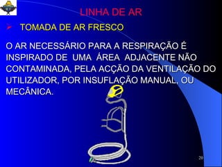 LINHA DE AR TOMADA DE AR FRESCO O AR NECESSÁRIO PARA A RESPIRAÇÃO É INSPIRADO DE  UMA  ÁREA  ADJACENTE NÃO CONTAMINADA, PELA ACÇÃO DA VENTILAÇÃO DO UTILIZADOR, POR INSUFLAÇÃO MANUAL, OU MECÂNICA. 