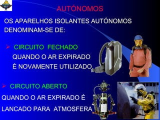 AUTÓNOMOS OS APARELHOS ISOLANTES AUTÓNOMOS DENOMINAM-SE DE:  CIRCUITO  FECHADO   QUANDO O AR EXPIRADO  É NOVAMENTE UTILIZADO.   CIRCUITO ABERTO QUANDO O AR EXPIRADO É LANCADO PARA  ATMOSFERA 