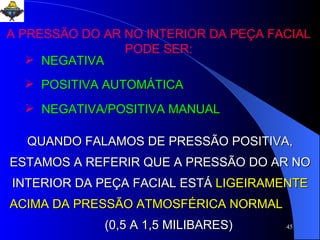 A PRESSÃO DO AR NO INTERIOR DA PEÇA FACIAL PODE SER: NEGATIVA POSITIVA AUTOMÁTICA NEGATIVA/POSITIVA MANUAL QUANDO FALAMOS DE PRESSÃO POSITIVA, ESTAMOS A REFERIR QUE A PRESSÃO DO AR NO INTERIOR DA PEÇA FACIAL ESTÁ   LIGEIRAMENTE ACIMA DA PRESSÃO ATMOSFÉRICA NORMAL  (0,5 A 1,5 MILIBARES) 