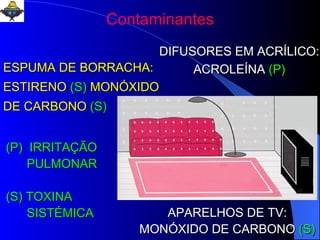ESPUMA DE BORRACHA: ESTIRENO  (S)  MONÓXIDO DE CARBONO  (S) (P)  IRRITAÇÃO  PULMONAR (S) TOXINA  SISTÉMICA DIFUSORES EM ACRÍLICO: ACROLEÍNA   (P) APARELHOS DE TV: MONÓXIDO DE CARBONO   (S) Contaminantes 