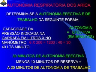 DETERMINA-SE A   AUTONOMIA EFECTIVA   E DE TRABALHO   DA SEGUINTE FORMA: CAPACIDADE DA  PRESSÃO INDICADA NA  GARRAFA EM LITROS X NO MANÓMETRO   40 LTS MINUTO  AUTONOMIA =  EFECTIVA (EM MINUTOS) 30 MINUTOS DE AUTONOMIA EFECTIVA   MENOS 10 MINUTOS DE RESERVA = A 20 MINUTOS DE AUTONOMIA DE TRABALHO   6 X 200 = 1200 : 40 = 30 AUTONOMIA RESPIRATÓRIA DOS ARICA 