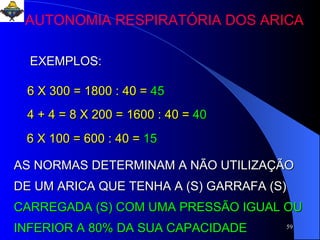 6 X 300 = 1800 : 40 =  45   4 + 4 = 8 X 200 = 1600 : 40 =   40 6 X 100 = 600 : 40 =   15 AS NORMAS DETERMINAM A NÃO UTILIZAÇÃO DE UM ARICA QUE TENHA A (S) GARRAFA (S)   CARREGADA (S) COM UMA PRESSÃO IGUAL OU INFERIOR A 80% DA SUA CAPACIDADE   EXEMPLOS: AUTONOMIA RESPIRATÓRIA DOS ARICA 