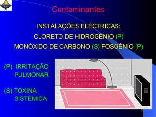 INSTALAÇÕES ELÉCTRICAS: CLORETO DE HIDROGÉNIO  (P) MONÓXIDO DE CARBONO  (S)  FOSGÉNIO  (P) (P)  IRRITAÇÃO  PULMONAR (S) TOXINA  SISTÉMICA Contaminantes 