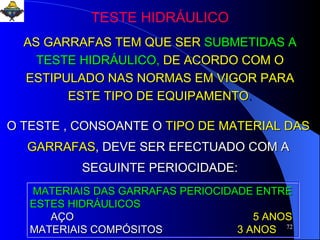 TESTE HIDRÁULICO AS GARRAFAS TEM QUE SER   SUBMETIDAS A TESTE HIDRÁULICO,   DE ACORDO COM O ESTIPULADO NAS NORMAS EM VIGOR PARA ESTE TIPO DE EQUIPAMENTO . O TESTE , CONSOANTE O   TIPO DE MATERIAL DAS GARRAFAS , DEVE SER EFECTUADO COM A SEGUINTE PERIOCIDADE: MATERIAIS DAS GARRAFAS PERIOCIDADE ENTRE ESTES HIDRÁULICOS  AÇO   5 ANOS MATERIAIS COMPÓSITOS  3 ANOS 