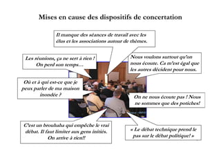 Mises en cause des dispositifs de concertation

               Il manque des séances de travail avec les
               élus et les associations autour de thèmes.


 Les réunions, ç ne sert à rien !
             , ça                                Nous voulons surtout qu’on
      On perd son temps…                         nous écoute. Ca m’est égal que
                                                 les autres décident pour nous.

 Où et à qui est-ce que je
peux parler de ma maison
        inondée ?                                  On
                                                   O ne nous écoute pas ! Nous
                                                             é            N
                                                   ne sommes que des potiches!
                                                Source : SMVO



C’est un brouhaha qui empêche le vrai
débat.
débat Il faut limiter aux gens initiés
                               initiés.          « Le débat technique p
                                                                   q prend le
           On arrive à rien!!                     pas sur le débat politique! »
                                                                                  7
 