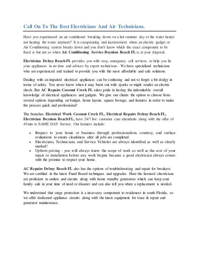 Air Conditioning Service, AC, Electrical Repairs and Work Delray Beach, Coconut Creek and