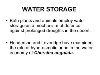 WATER STORAGE   Both plants and animals employ water storage as a mechanism of defence against prolonged droughts in the desert. Henderson and Loveridge have examined the role of hypo-osmotic urine in the water economy of  Chersina angulata. 