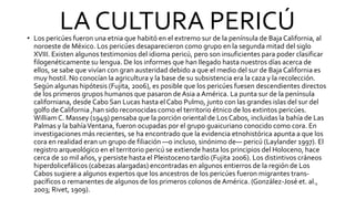 LA CULTURA PERICÚ
• Los pericúes fueron una etnia que habitó en el extremo sur de la península de Baja California, al
noroeste de México. Los pericúes desaparecieron como grupo en la segunda mitad del siglo
XVIII. Existen algunos testimonios del idioma pericú, pero son insuficientes para poder clasificar
filogenéticamente su lengua. De los informes que han llegado hasta nuestros días acerca de
ellos, se sabe que vivían con gran austeridad debido a que el medio del sur de Baja California es
muy hostil. No conocían la agricultura y la base de su subsistencia era la caza y la recolección.
Según algunas hipótesis (Fujita, 2006), es posible que los pericúes fuesen descendientes directos
de los primeros grupos humanos que pasaron de Asia a América. La punta sur de la península
californiana, desde Cabo San Lucas hasta el Cabo Pulmo, junto con las grandes islas del sur del
golfo de California ,han sido reconocidas como el territorio étnico de los extintos pericúes.
WilliamC. Massey (1949) pensaba que la porción oriental de Los Cabos, incluidas la bahía de Las
Palmas y la bahíaVentana, fueron ocupadas por el grupo guaicuriano conocido como cora. En
investigaciones más recientes, se ha encontrado que la evidencia etnohistórica apunta a que los
cora en realidad eran un grupo de filiación —o incluso, sinónimo de— pericú (Laylander 1997). El
registro arqueológico en el territorio pericú se extiende hasta los principios del Holoceno, hace
cerca de 10 mil años, y persiste hasta el Pleistoceno tardío (Fujita 2006). Los distintivos cráneos
hiperdolicefálicos (cabezas alargadas) encontradas en algunos entierros de la región de Los
Cabos sugiere a algunos expertos que los ancestros de los pericúes fueron migrantes trans-
pacíficos o remanentes de algunos de los primeros colonos de América. (González-José et. al.,
2003; Rivet, 1909).
 