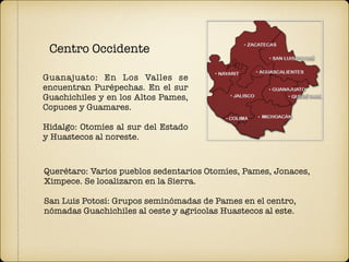Querétaro: Varios pueblos sedentarios Otomíes, Pames, Jonaces,
Ximpece. Se localizaron en la Sierra.
San Luis Potosí: Grupos seminómadas de Pames en el centro,
nómadas Guachichiles al oeste y agrícolas Huastecos al este.
Centro Occidente
Guanajuato: En Los Valles se
encuentran Purépechas. En el sur
Guachichiles y en los Altos Pames,
Copuces y Guamares.
Hidalgo: Otomíes al sur del Estado
y Huastecos al noreste.
 