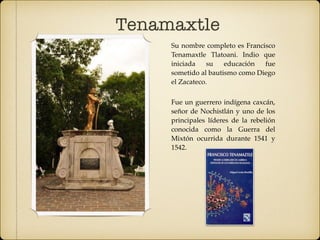 Su nombre completo es Francisco
Tenamaxtle Tlatoani. Indio que
iniciada su educación fue
sometido al bautismo como Diego
el Zacateco.
Fue un guerrero indígena caxcán,
señor de Nochistlán y uno de los
principales líderes de la rebelión
conocida como la Guerra del
Mixtón ocurrida durante 1541 y
1542.
Tenamaxtle
 