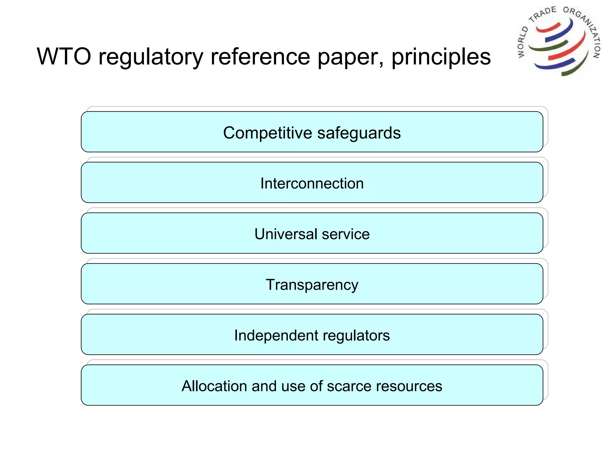 WTO regulatory reference paper, principles Competitive safeguards Interconnection Universal service Transparency Independent regulators Allocation and use of scarce resources 