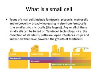 What is a small cell
• Types of small cells include femtocells, picocells, metrocells
  and microcells – broadly increasing in size from femtocells
  (the smallest) to microcells (the largest). Any or all of these
  small cells can be based on ‘femtocell technology’ - i.e. the
  collection of standards, software, open interfaces, chips and
  know-how that have powered the growth of femtocells.
 