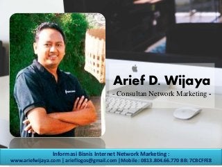 Arief D. Wijaya
- Consultan Network Marketing -
Informasi Bisnis Internet Network Marketing :
www.ariefwijaya.com | arieflogos@gmail.com |Mobile : 0813.804.66.770 BB: 7CBCFFE8
 