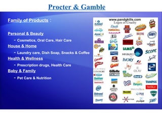 Family of Products  : Personal & Beauty -  Cosmetics, Oral Care, Hair Care House & Home -  Laundry care, Dish Soap, Snacks & Coffee  Health & Wellness -  Prescription drugs, Health Care Baby & Family -  Pet Care & Nutrition   Procter & Gamble 