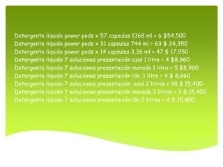 Detergente liquido power pods x 57 capsulas 1368 ml = 6 $54,500
Detergente liquido power pods x 31 capsulas 744 ml = 63 $ 24,350
Detergente liquido power pods x 14 capsulas 3,36 ml = 47 $ 17,950
Detergente liquido 7 soluciones presentación azul 1 litro = 4 $8,960
Detergente liquido 7 soluciones presentación morado 1 litro = 5 $8,960
Detergente liquido 7 soluciones presentación lila 1 litro = 4 $ 8,960
Detergente liquido 7 soluciones presentación azul 2 litros = 98 $ 15,400
Detergente liquido 7 soluciones presentación morado 2 litros = 3 $ 15,400
Detergente liquido 7 soluciones presentación lila 2 litros = 4 $ 15,400
 