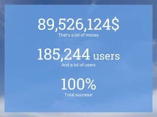 89,526,124$
That’s a lot of money
100%
Total success!
185,244 users
And a lot of users
 