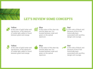Yellow
Is the color of gold, butter and
ripe lemons. In the spectrum
of visible light, yellow is found
between green and orange.
Blue
Is the colour of the clear sky
and the deep sea. It is
located between violet and
green on the optical
spectrum.
Red
Is the color of blood, and
because of this it has
historically been
associated with sacrifice,
danger and courage.
Yellow
Is the color of gold, butter and
ripe lemons. In the spectrum
of visible light, yellow is found
between green and orange.
Blue
Is the colour of the clear sky
and the deep sea. It is
located between violet and
green on the optical
spectrum.
Red
Is the color of blood, and
because of this it has
historically been
associated with sacrifice,
danger and courage.
LET’S REVIEW SOME CONCEPTS
 