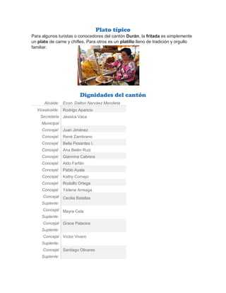 Plato típico
Para algunos turistas o conocedores del cantón Durán, la fritada es simplemente
un plato de carne y chifles. Para otros es un platillo lleno de tradición y orgullo
familiar.
Dignidades del cantón
Alcalde: Econ. Dalton Narváez Mendieta
Vicealcalde: Rodrigo Aparicio
Secretaria
Municipal
Jéssica Vaca
Concejal: Juan Jiménez
Concejal: René Zambrano
Concejal: Bella Pesantes I.
Concejal: Ana Belén Ruiz
Concejal: Giannina Cabrera
Concejal: Aldo Farfán
Concejal: Pablo Ayala
Concejal: Kathy Cornejo
Concejal: Rodolfo Ortega
Concejal: Yailene Arreaga
Concejal
Suplente:
Cecilia Batallas
Concejal
Suplente:
Mayra Cela
Concejal
Suplente:
Grace Palacios
Concejal
Suplente:
Víctor Vivero
Concejal
Suplente:
Santiago Olivares
 