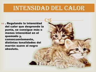  . Regulando la intensidad
del calor que desprende la
punta, se consigue más o
menos intensidad en el
quemado y,
consecuentemente,
distintas tonalidades del
marrón suave al negro
absoluto.
Intensidad del calor
 